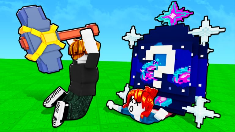 Roblox avatar swinging a hammer at a lucky egg in Break a Brainrot Egg