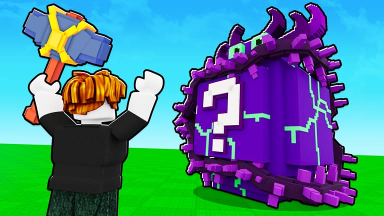 Player facing a purple spiked lucky block egg in Break a Brainrot Egg